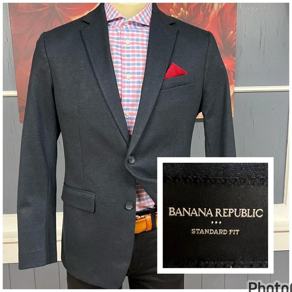 Banana Republic Blazer Jacket Mens 40R Tailored Slim Fit‎ Polyester Stretch Navy